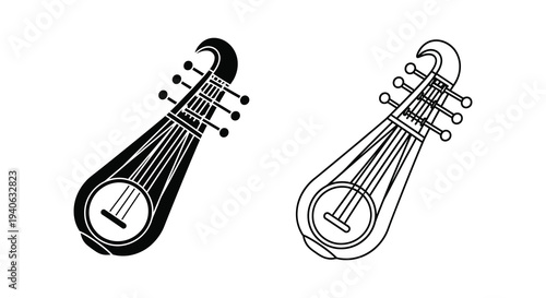 Two depictions of a traditional stringed instrument in black a striking silhouette