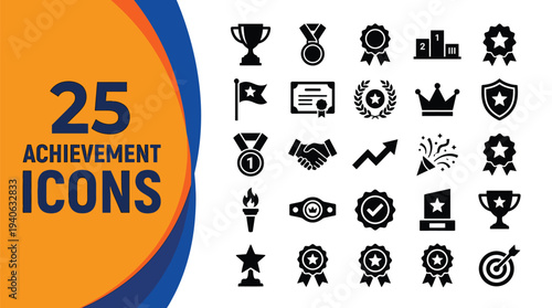 Twenty-five achievement icons showing confetti, torch,.