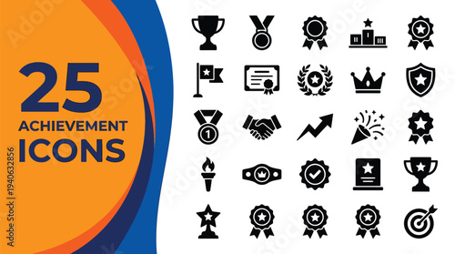 Collection of twenty-five achievement icons featuring handshake.
