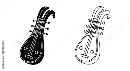 Two depictions of a stringed instrument a visually striking silhouette