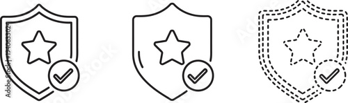 Three shield icons with star and checkmark varying line styles and opacity