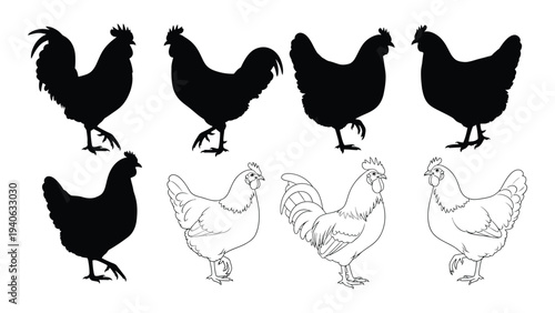 A group of chickens and roosters in different poses