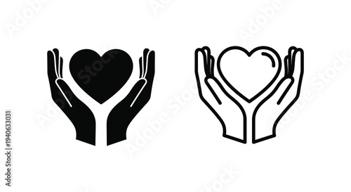 Two depictions of cupped hands holding a heart shape black and white silhouette