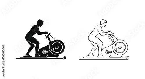 Two figures using exercise bikes depicted in a stark black silhouette