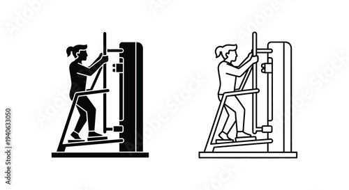 Two depictions of a person using a gym machine black and white silhouette