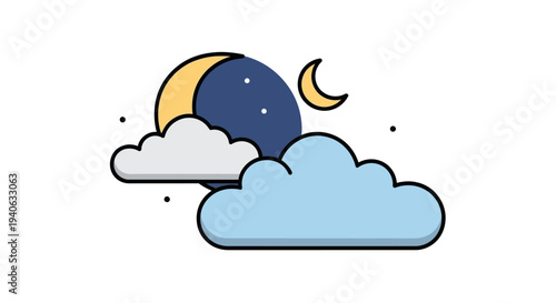 Stylized illustration of a night sky with clouds and celestial bodies