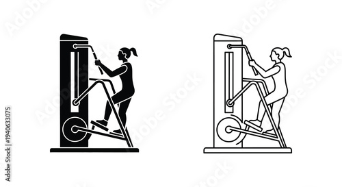 Woman using elliptical trainer in two variations a striking silhouette