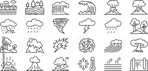 Natural Disaster and Weather Line Icons Set – Flood, Tsunami, Volcano, Tornado, Lightning, Storm, Rain and Climate Outline Vector Icons