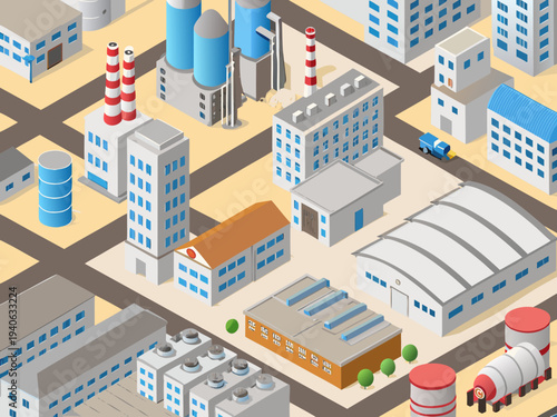 Isometric illustration depicting a sprawling industrial complex and city skyline