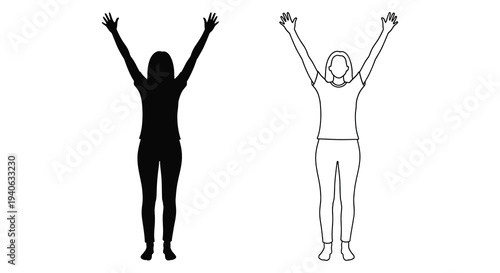 Two women with arms raised one in full shadow a striking silhouette