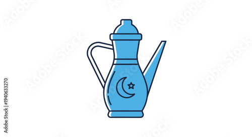 Illustrated blue teapot with moon and star design on a white background