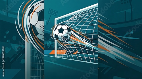 Soccer ball flying into goal on a vibrant stadium background