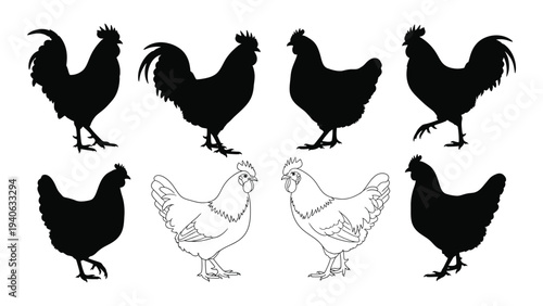 A group of chickens and roosters standing together