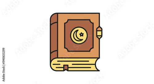 Illustrated book with religious symbols on white background for design