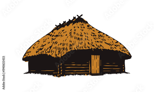 Traditional african village hut illustration, old rustic tribal building with a thatched roof and wooden walls, simple graphic drawing of historic rural dwelling on white background