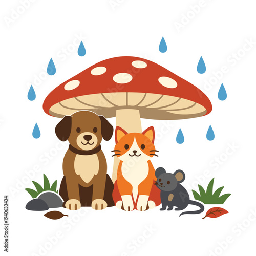 Dog cat and mouse taking shelter under giant red mushroom during rain storm in autumn nature forest vector illustration