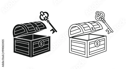 Two open treasure chests with ornate keys a bold black silhouette