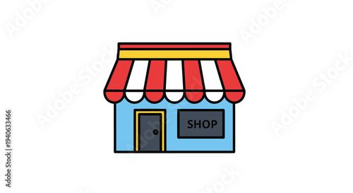 Cartoon shop building illustration with striped awning and welcoming sign