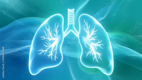 Vibrant glowing animation of human lungs with bronchi and trachea, set against a dynamic blue-green abstract background, depicting healthy