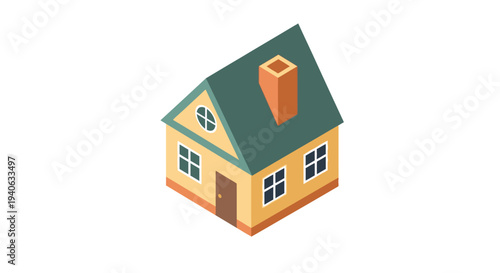 Isometric illustration of a small house with green roof and chimney