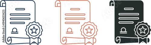 Certificate icon variations in black white and color outlines