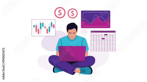 Stock market trader analyzing financial charts on laptop with forex graphs and trading data dashboard, online investment concept illustration