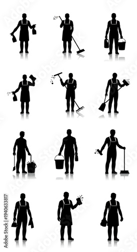 Set of 12 Black Silhouette Cleaning Service Worker Vector Icons with Cleaning Supplies and Equipment for Housekeeping and Maintenance