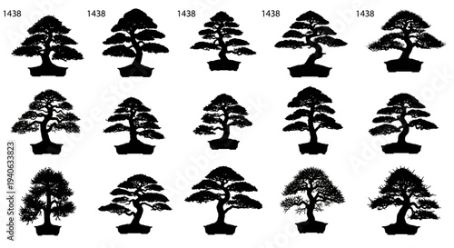 Set of 15 Black Silhouette Bonsai Tree Vector Icons for Japanese Garden, Nature, and Zen Design Elements