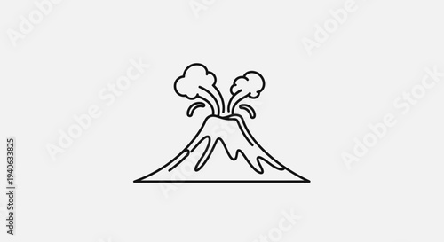 Simple line art icon of an active erupting volcano with smoke and lava, representing natural disaster or geological danger.
