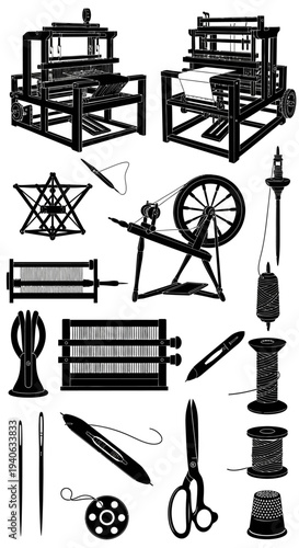 Set of 20 Vintage Textile Manufacturing and Sewing Tools Vector Icons: Hand Loom, Spinning Wheel, Shuttle, Bobbin, Scissors, Needle, Thimble, and Thread Spools