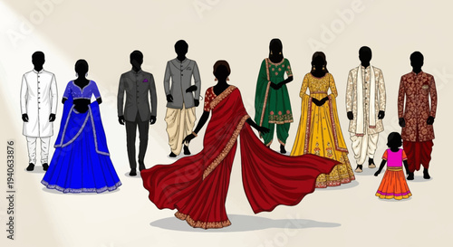 Diverse Indian Traditional Clothing Vector Illustration Set for Men, Women, and Children, Featuring Saree, Sherwani, Lehenga, and Kurta Designs