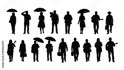A group of people standing in two rows with some holding umbrellas