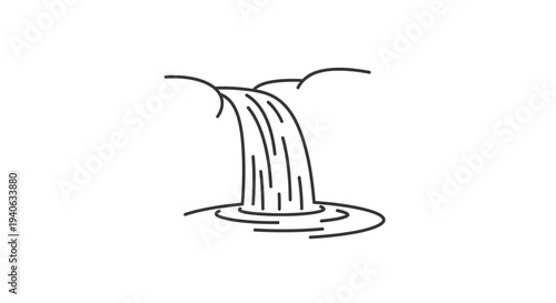 Minimalist line art icon of a flowing waterfall cascading into a pool, simple outline drawing of natural water stream.