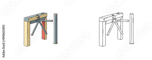 Access control security turnstile presented in colored flat cartoon and black line art styles isolated on a white background