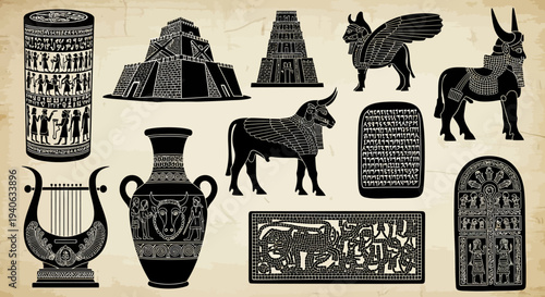 Ancient Mesopotamia Civilization Vector Illustration Set with Ziggurats, Mythical Creatures, Lyre, and Cuneiform Tablets on Textured Background