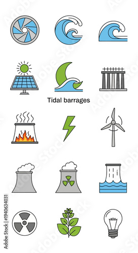 Set of 15 Renewable Energy and Power Generation Icons Vector with Solar Panels, Wind Turbine, Tidal Barrages, and Nuclear Plant Symbols for Sustainable Technology