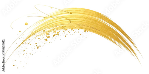 A dynamic, curved golden paint stroke with splatters and fine lines isolated on a white background.