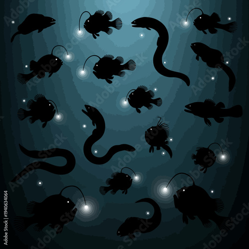 Set of 18 Deep Sea Fish Silhouettes Vector Collection with Bioluminescent Anglerfish and Eels on Dark Blue Ocean Background