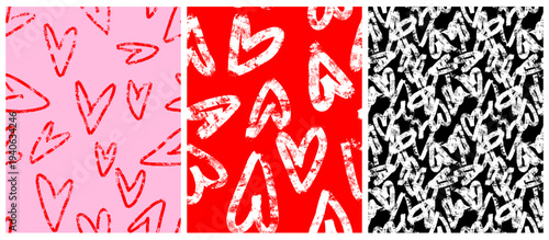 Childish Hand‑Drawn Seamless Heart Patterns – Chalk‑Style Romantic Vector Set. Pink, Red And Black Abstract Print With Doodle Hearts, ideal for Valentine’s Day designs, romantic stationery, gift wrap.