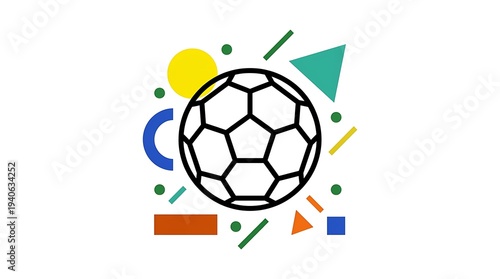 Vibrant soccer ball surrounded by dynamic geometric shapes and colorful abstract elements