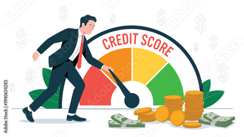 Businessman improving credit score meter with money stacks and coins, financial rating growth concept, personal finance management illustration