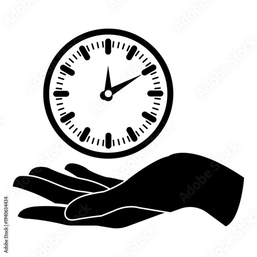 Silhouette of human hand holding clock for time management and deadline concept isolated on white background