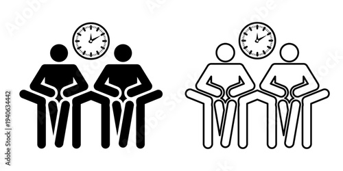 Waiting room icons of people sitting under clock for time management and appointment concept isolated without background.