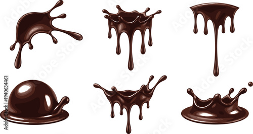 Chocolate splash illustration set, melted cocoa drip design, glossy brown liquid artwork, dessert topping background, sweet confectionery graphic decoration element