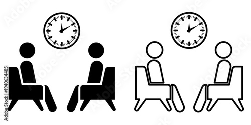 Waiting room icons of two people sitting under clock for interview and conversation concept.