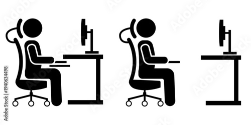 Title: Office workstation icon set with worker sitting at desk and computer monitor isolated on white background
