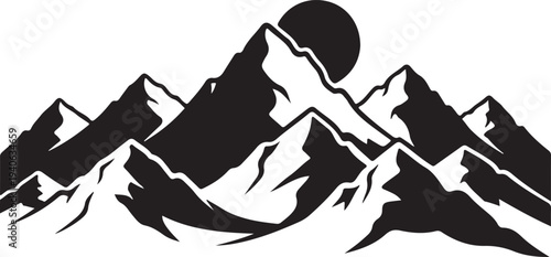 Black and white mountain range landscape with sun