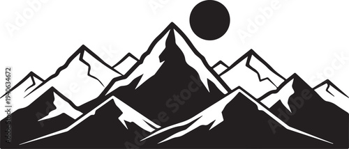 Snowy mountain range landscape with sun in black and white