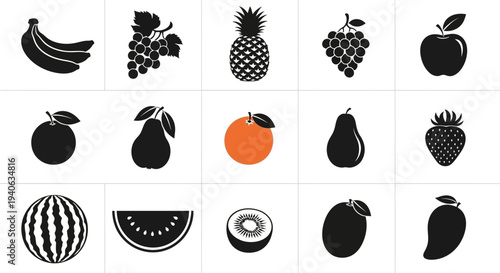 Assorted fruit icons in black and orange on white background for design and decoration