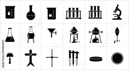 Collection of black science and laboratory equipment icons on white background